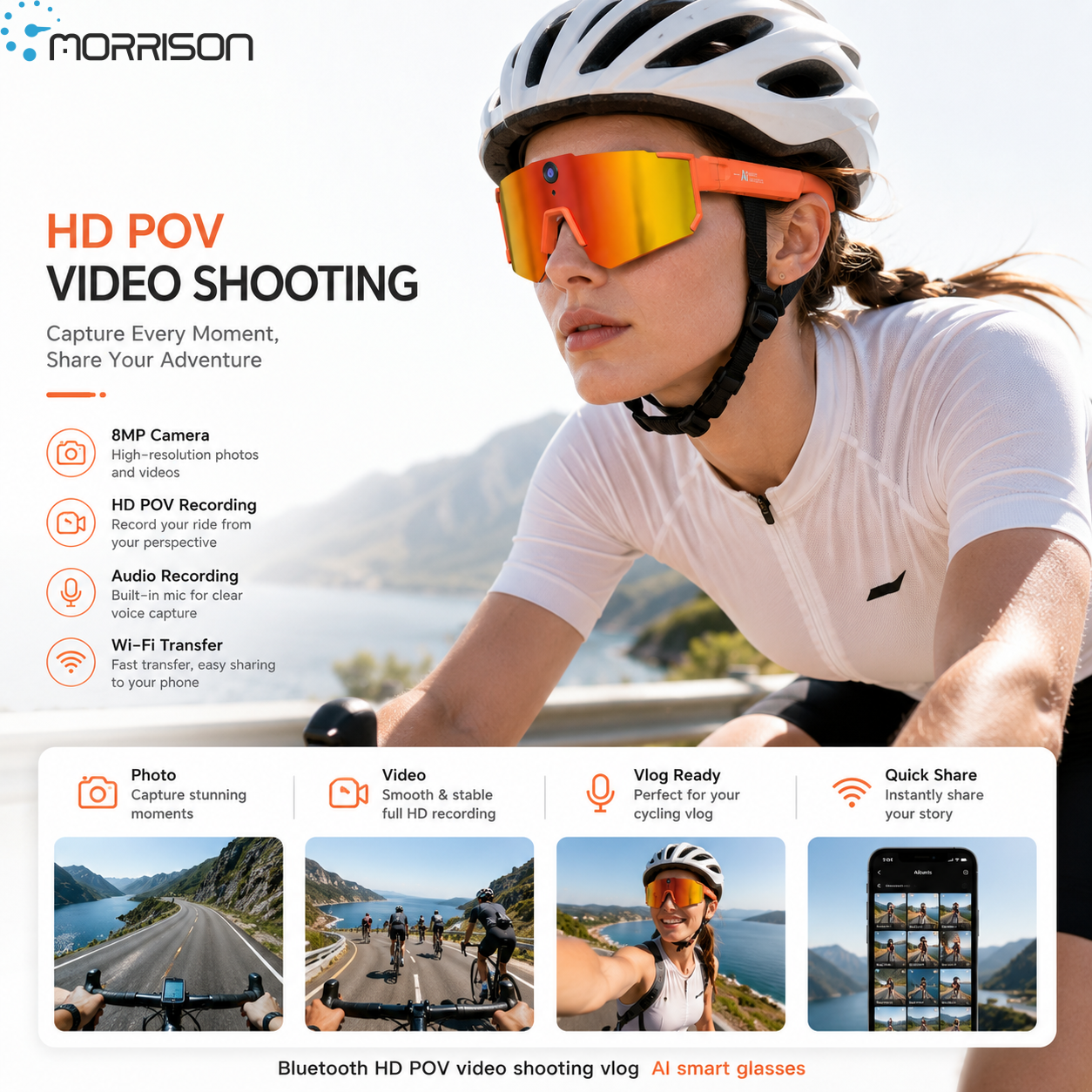 Morrison Bluetooth HD POV Video Shooting Vlog AI Smart Glasses for Cycling and Outdoor Sports