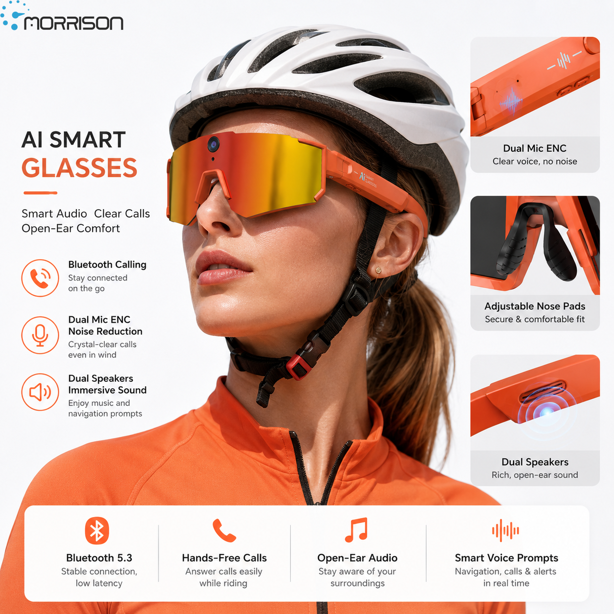 Morrison Bluetooth HD POV Video Shooting Vlog AI Smart Glasses for Cycling and Outdoor Sports