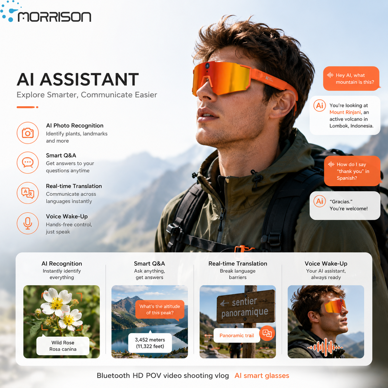 Morrison Bluetooth HD POV Video Shooting Vlog AI Smart Glasses for Cycling and Outdoor Sports