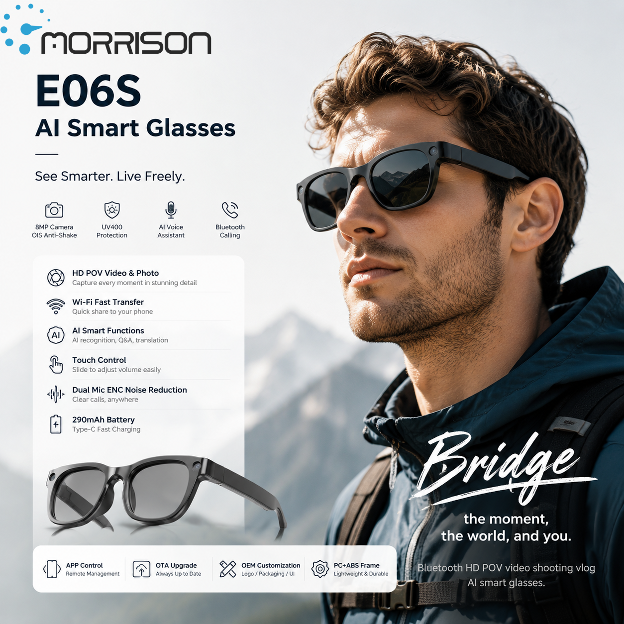 Morrison E06S Bluetooth AI Smart Glasses for HD POV Video Shooting & Vlogging