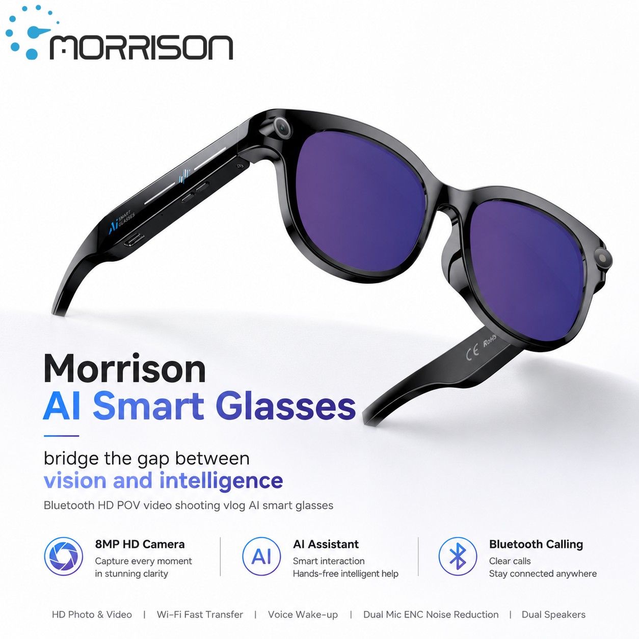 Morrison Bluetooth HD POV Video Shooting Vlog AI Smart Glasses with 8MP Camera and Voice Assistant