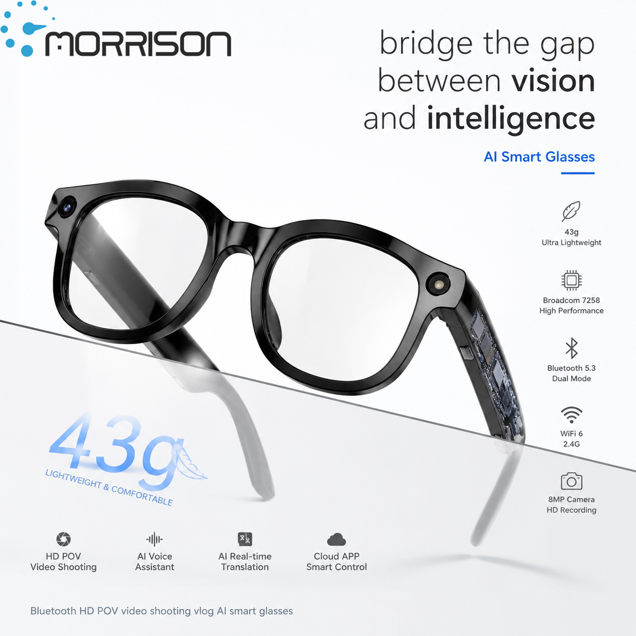 Morrison AI Smart Glasses Bluetooth HD POV Video Shooting Vlog AI Smart Glasses