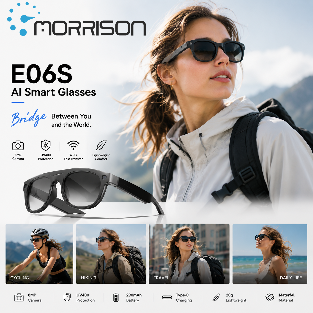 Morrison E06S Bluetooth AI Smart Glasses for HD POV Video Shooting & Vlogging