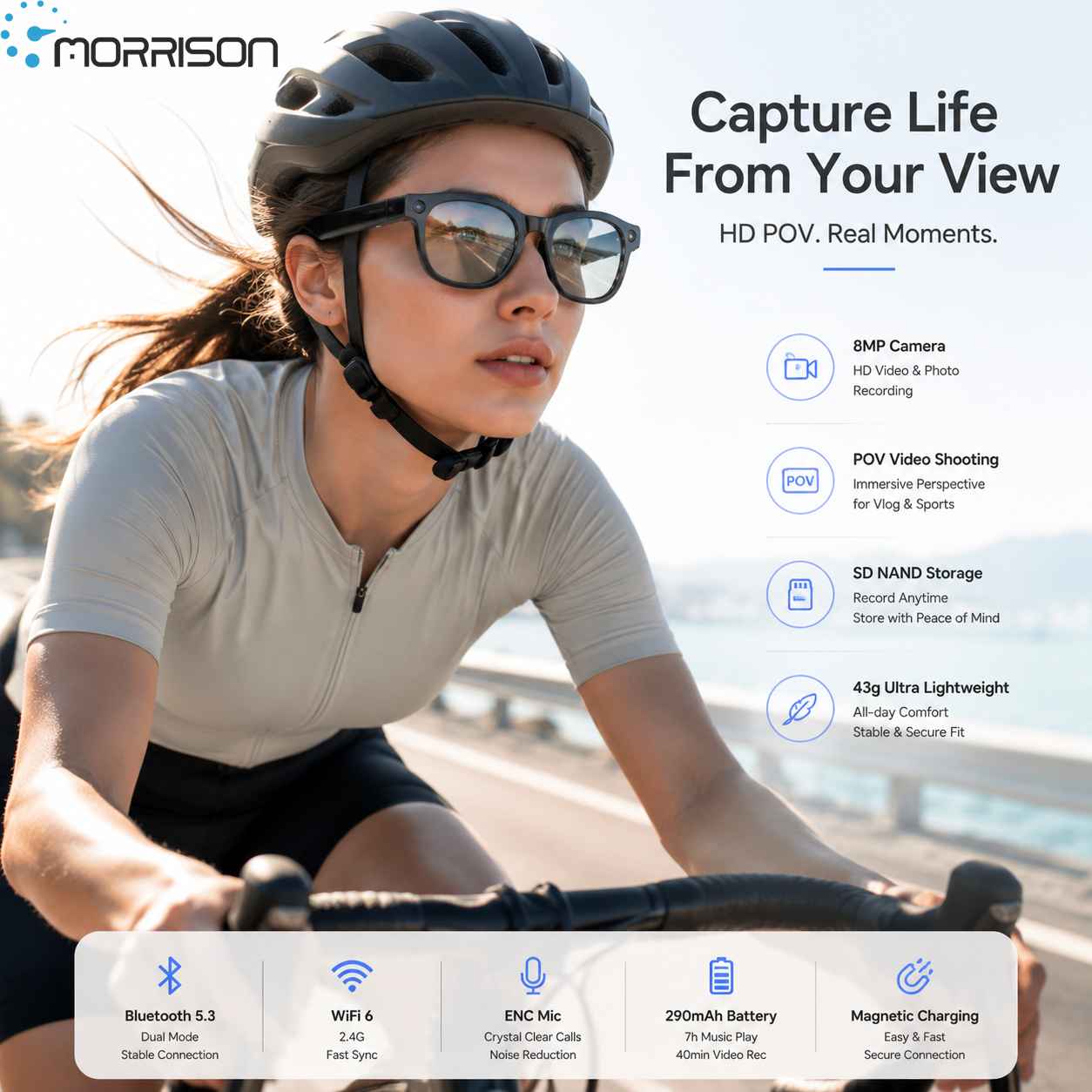 Morrison AI Smart Glasses Bluetooth HD POV Video Shooting Vlog AI Smart Glasses