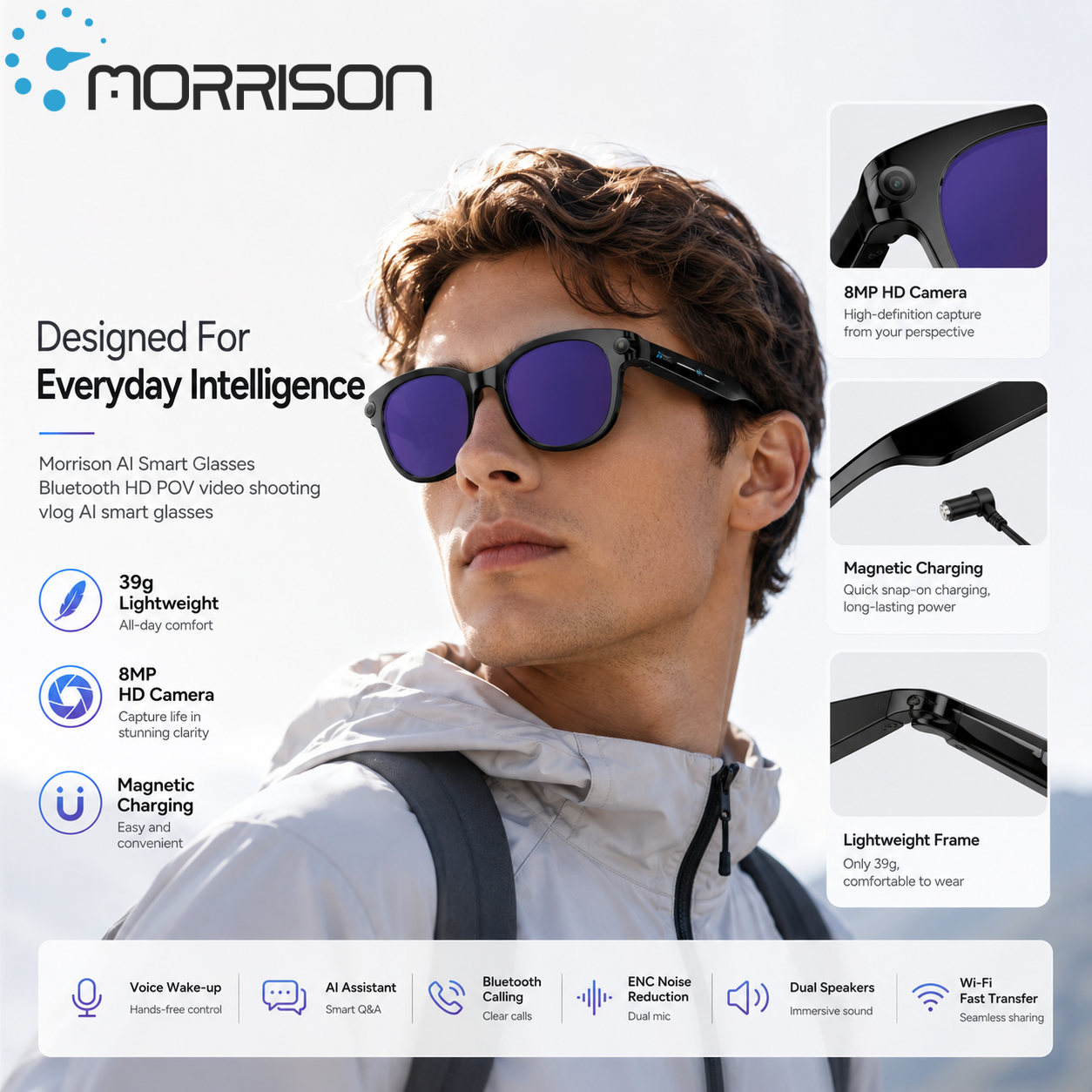 Morrison Bluetooth HD POV Video Shooting Vlog AI Smart Glasses with 8MP Camera and Voice Assistant