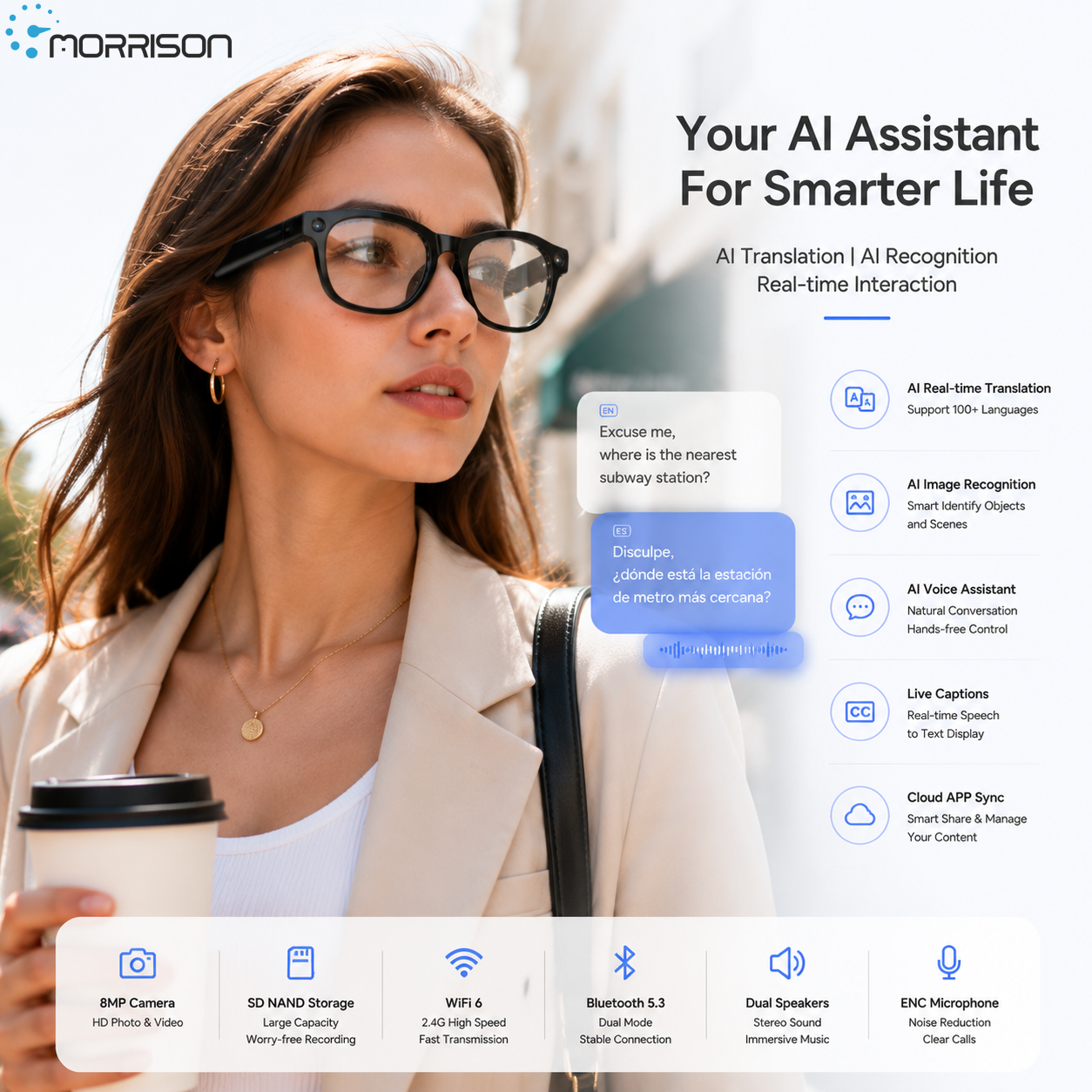 Morrison AI Smart Glasses Bluetooth HD POV Video Shooting Vlog AI Smart Glasses