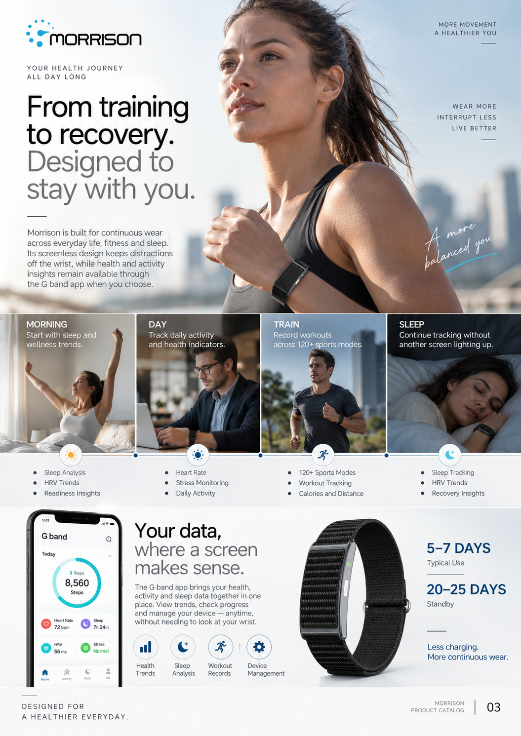 Morrison Screenless Smart Bracelet ECG Fitness Tracker with BLE 5.3, IP68, 120+ Sports Modes