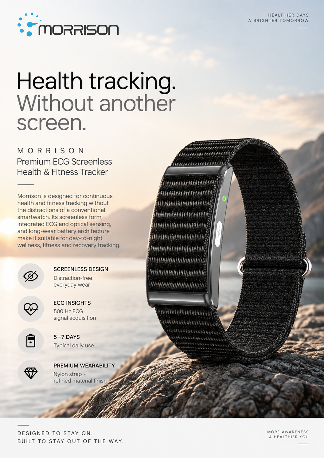 Morrison Screenless Smart Bracelet ECG Fitness Tracker with BLE 5.3, IP68, 120+ Sports Modes