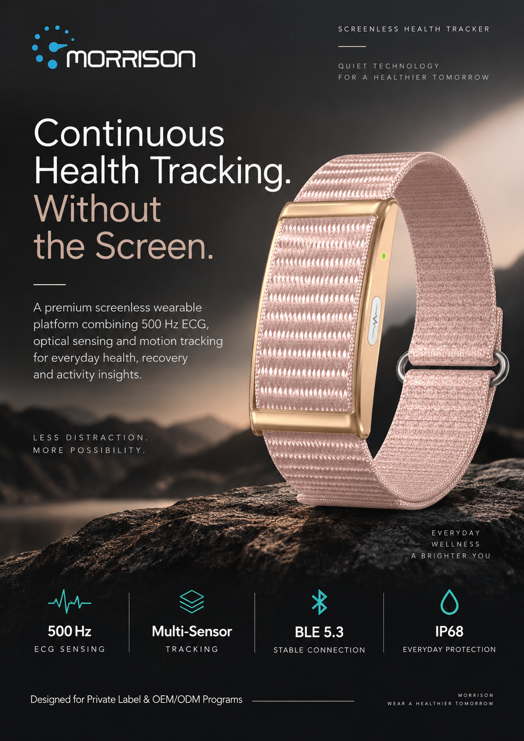 Morrison IP68 Waterproof 24/7 Health Monitoring Screenless Fitness Tracker with ECG, BLE 5.3 & 120+ Sports Modes