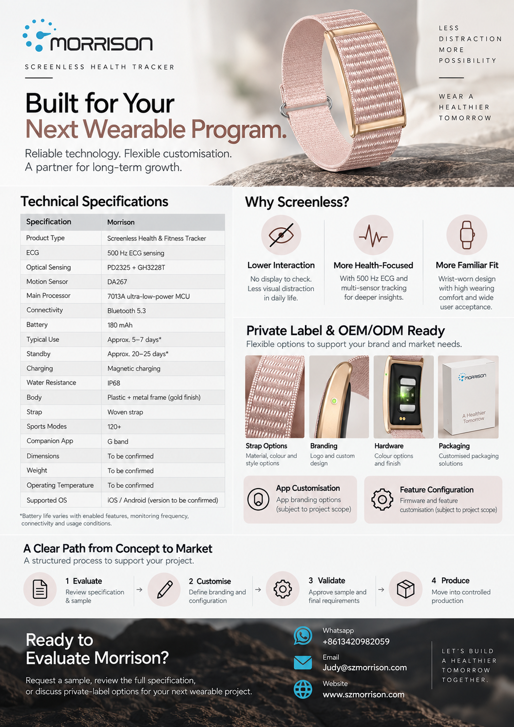 Morrison IP68 Waterproof 24/7 Health Monitoring Screenless Fitness Tracker with ECG, BLE 5.3 & 120+ Sports Modes