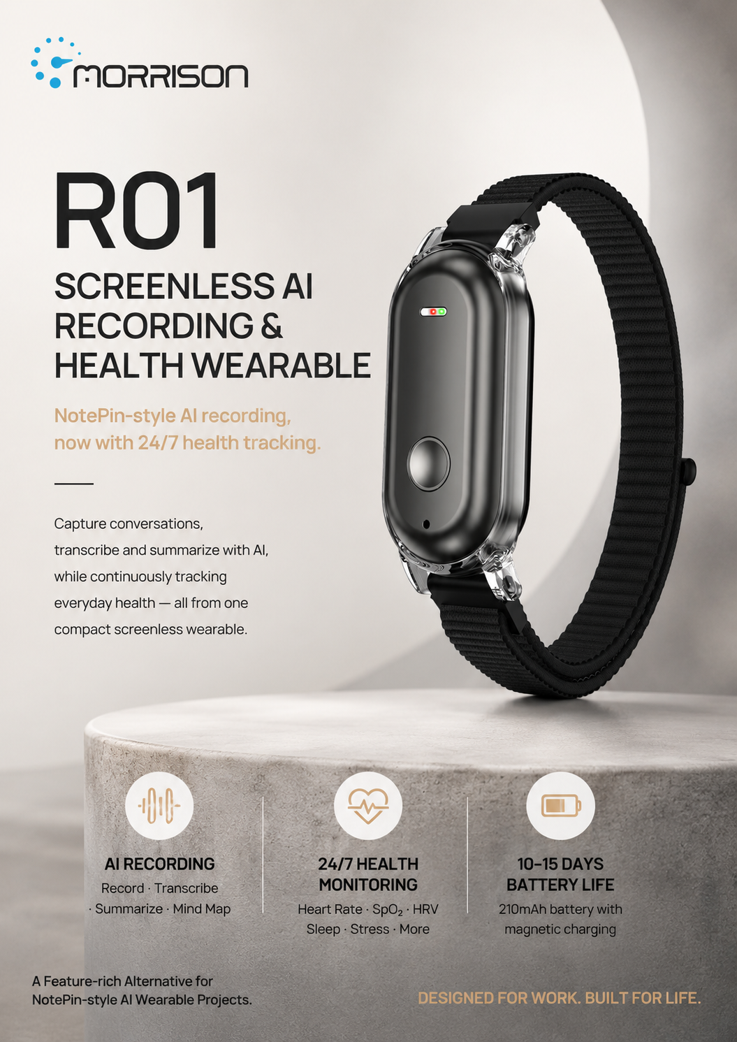 Morrison R01 AI Voice Recorder Screenless Fitness Tracker with IP68, 24/7 Health Monitoring & BLE 5.3