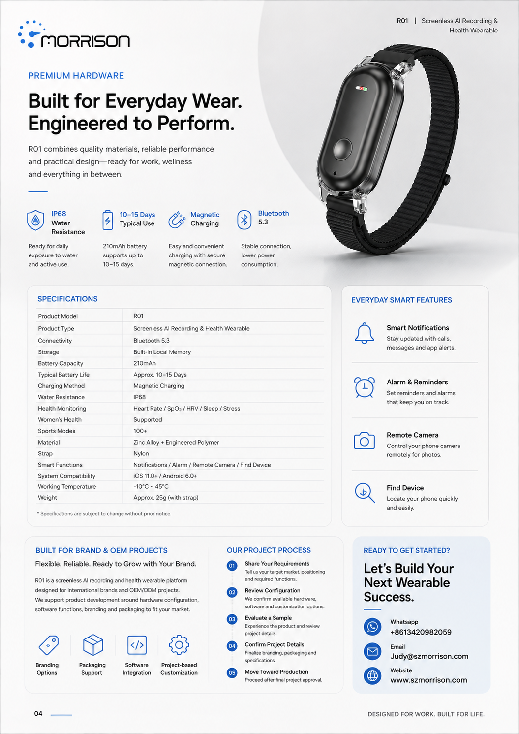 Morrison R01 AI Voice Recorder Screenless Fitness Tracker with IP68, 24/7 Health Monitoring & BLE 5.3