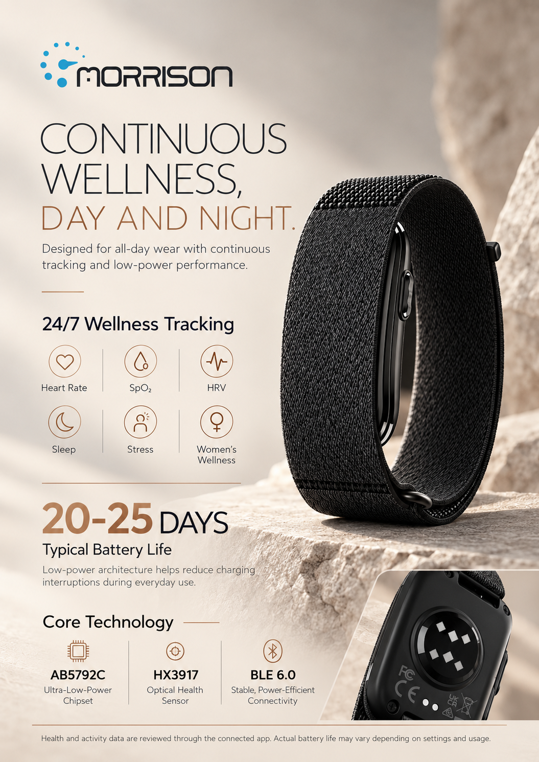 Morrison M24 Screenless Fitness Tracker with 24/7 Health Monitoring, BLE 6.0 & 20-25 Day Battery