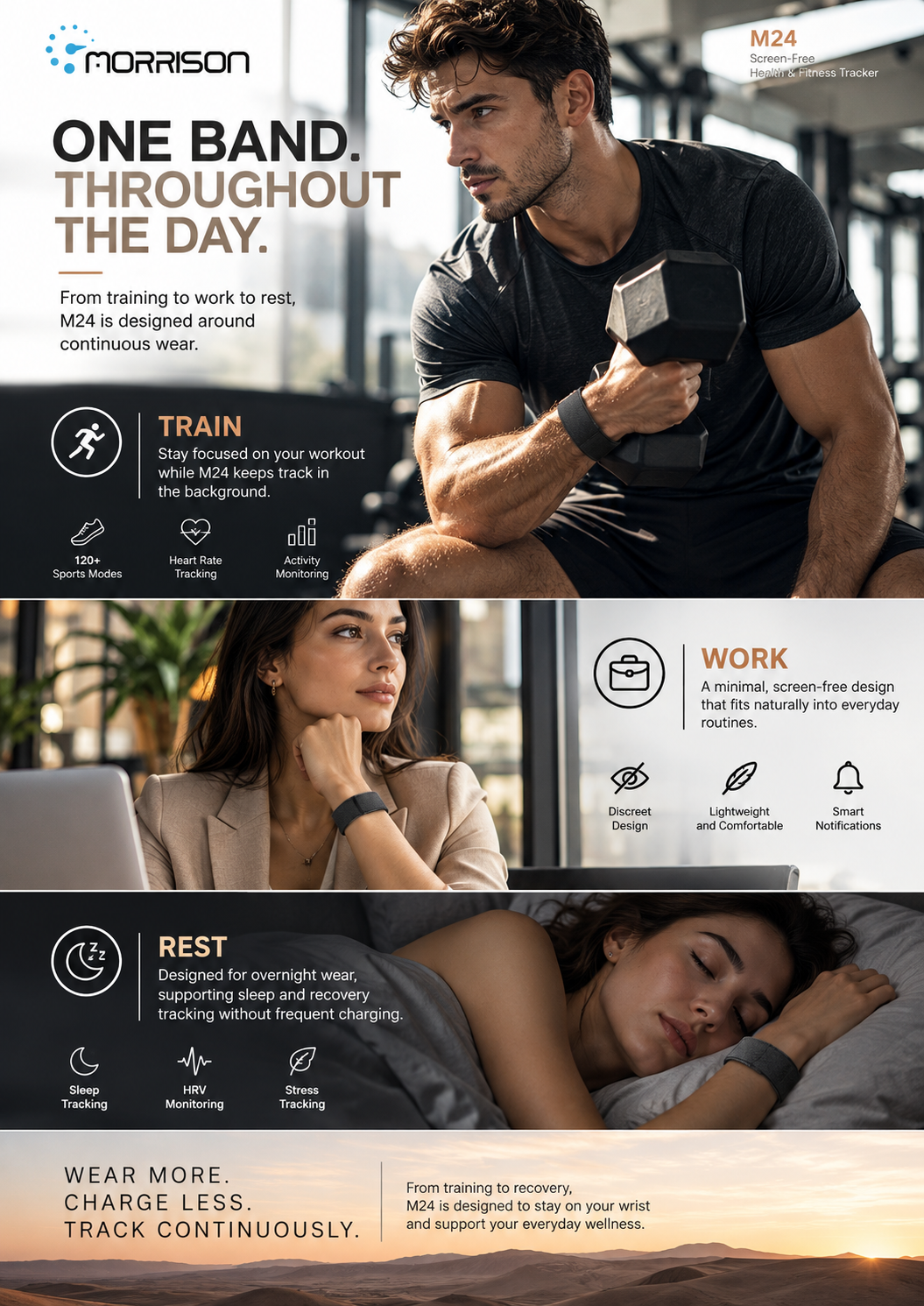 Morrison M24 Screenless Fitness Tracker with 24/7 Health Monitoring, BLE 6.0 & 20-25 Day Battery