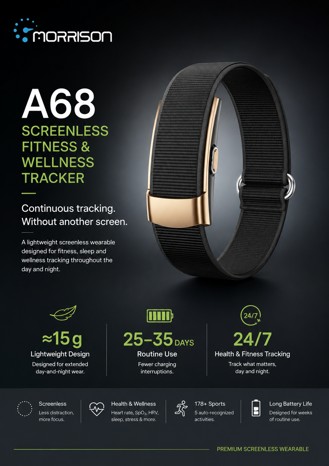 Morrison A68 Premium Screenless Fitness Tracker with 24/7 Health Monitoring, BLE 5.3 & 178+ Sports Modes