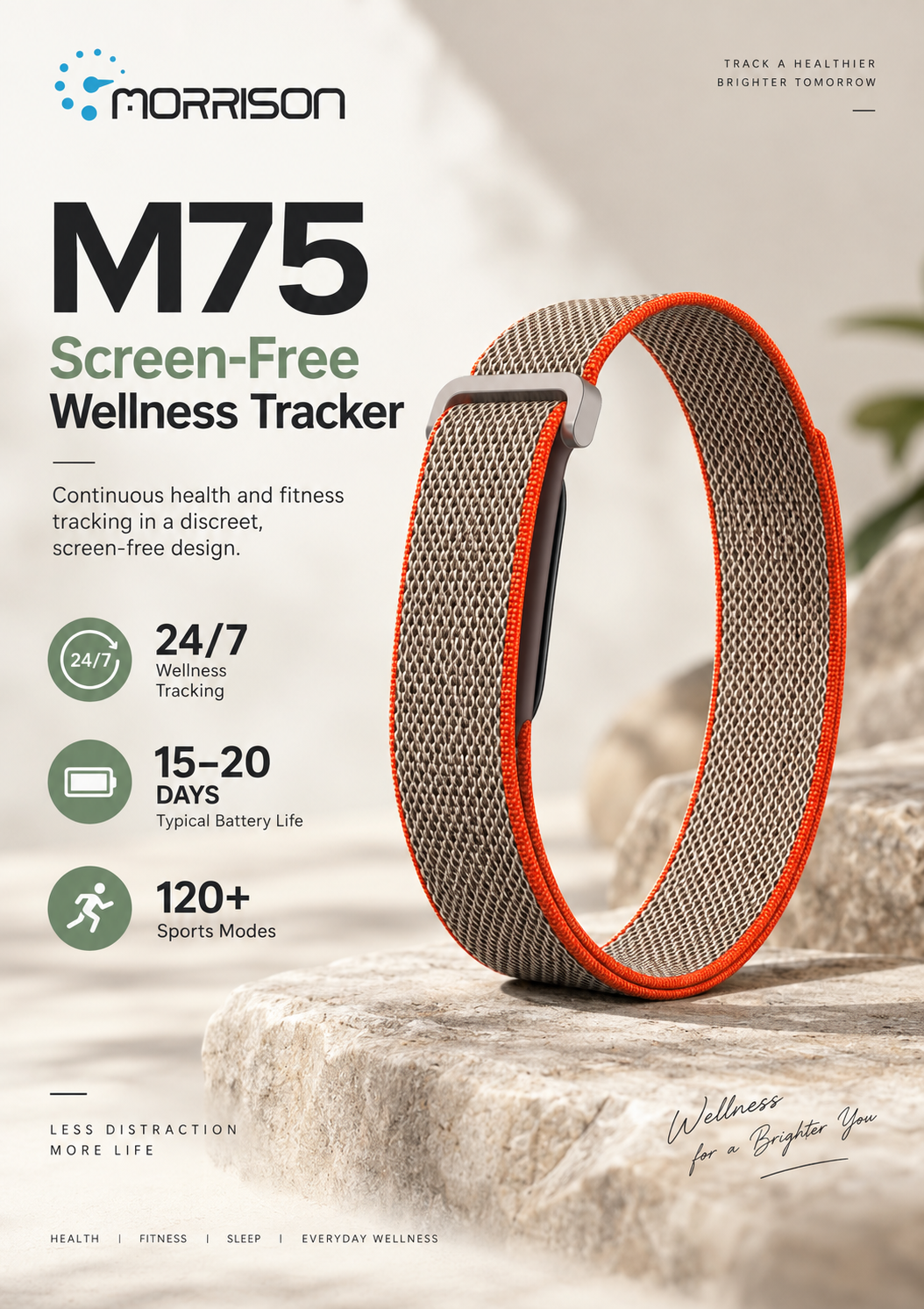 Morrison M75 Screenless Fitness Tracker with IP68 Waterproof 24/7 Health Monitoring, BLE 6.0 & 120+ Sports Modes