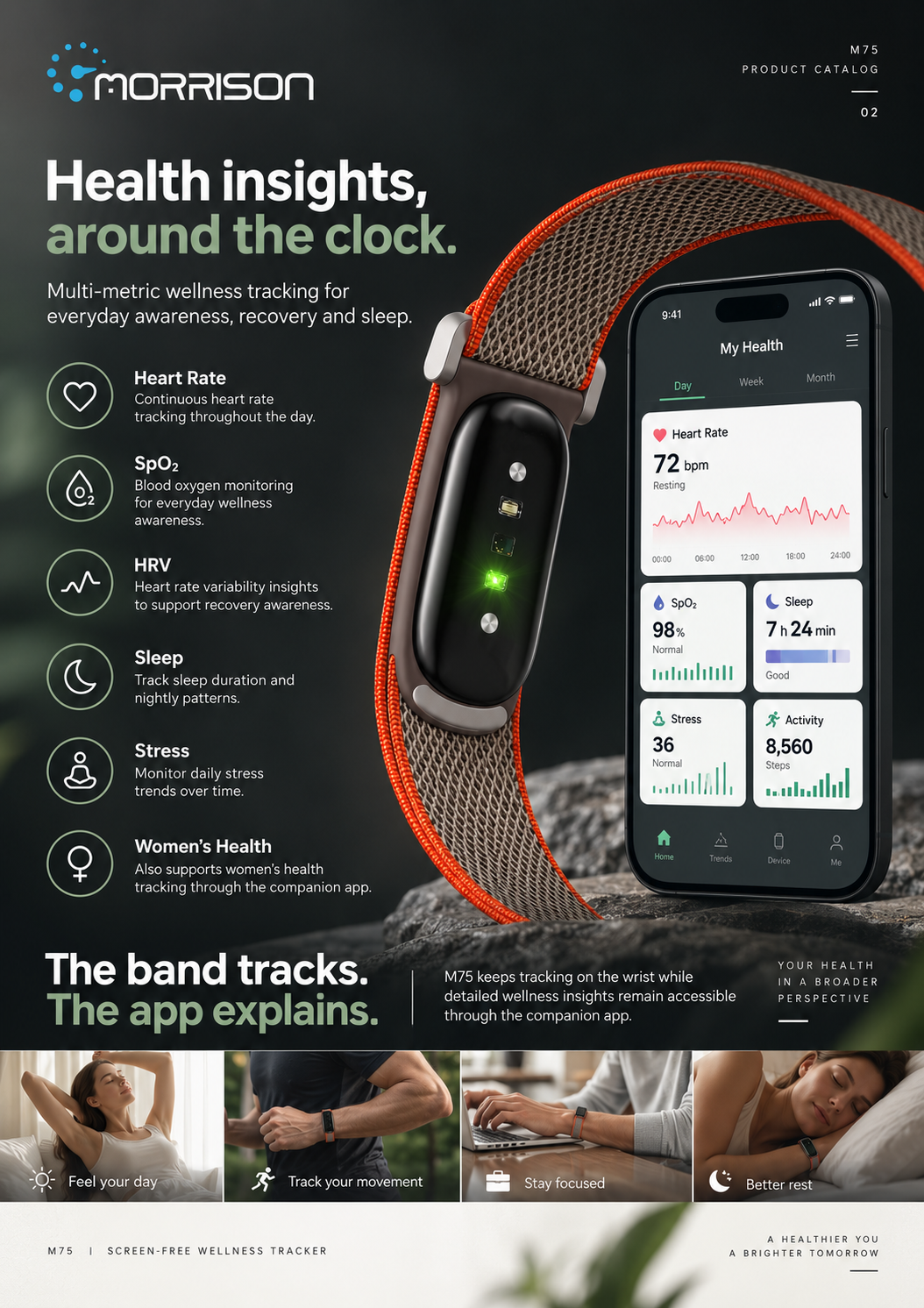 Morrison M75 Screenless Fitness Tracker with IP68 Waterproof 24/7 Health Monitoring, BLE 6.0 & 120+ Sports Modes