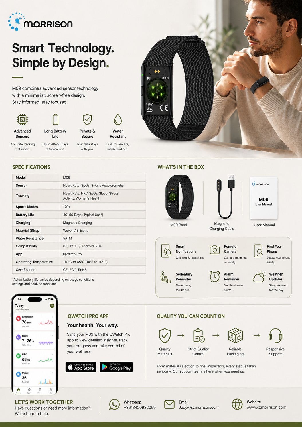 Morrison M09 Screenless Fitness Tracker with 24/7 Health Monitoring, BLE 5.3 & 40-50 Day Battery Life