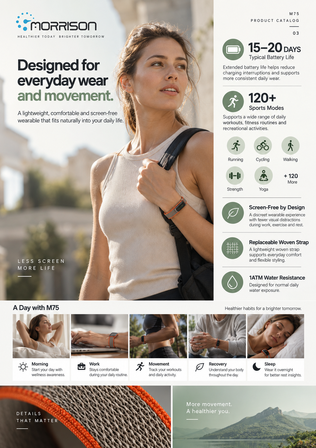 Morrison M75 Screenless Fitness Tracker with IP68 Waterproof 24/7 Health Monitoring, BLE 6.0 & 120+ Sports Modes