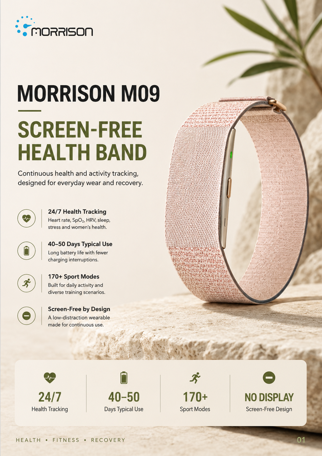 Morrison M09 Premium Screenless Fitness Tracker with 24/7 Health Monitoring, BLE 5.3, 170+ Sports Modes