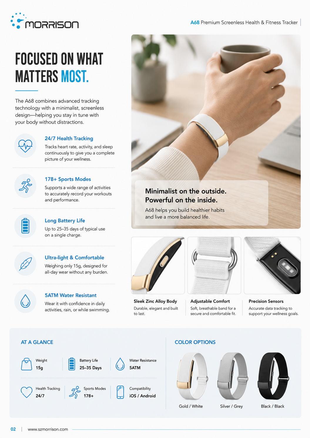 Morrison A68 24/7 Health Monitoring Screenless Fitness Tracker with BLE 5.3, 178+ Sports Modes & 25-35 Day Battery