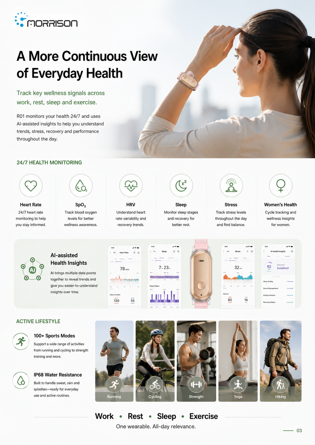 Morrison R01 Screenless AI Fitness Tracker with Voice Recording, IP68 Waterproof & 24/7 Health Monitoring
