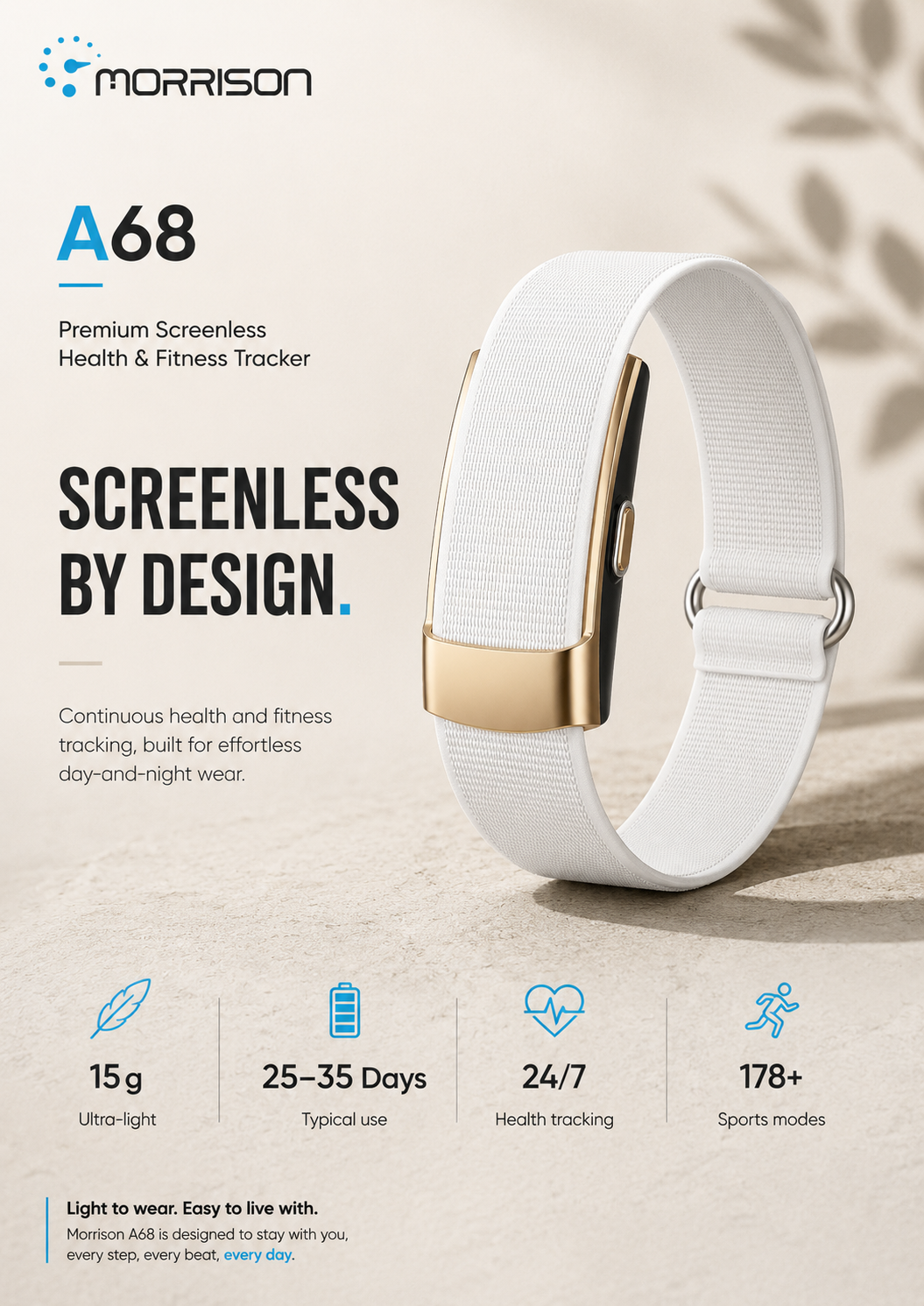 Morrison A68 24/7 Health Monitoring Screenless Fitness Tracker with BLE 5.3, 178+ Sports Modes & 25-35 Day Battery