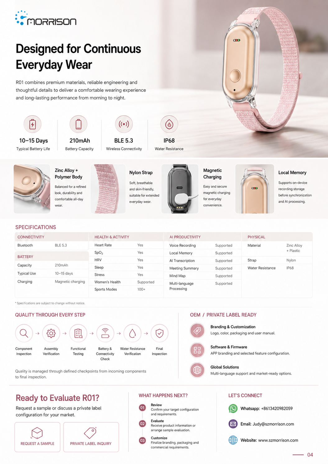 Morrison R01 Screenless AI Fitness Tracker with Voice Recording, IP68 Waterproof & 24/7 Health Monitoring