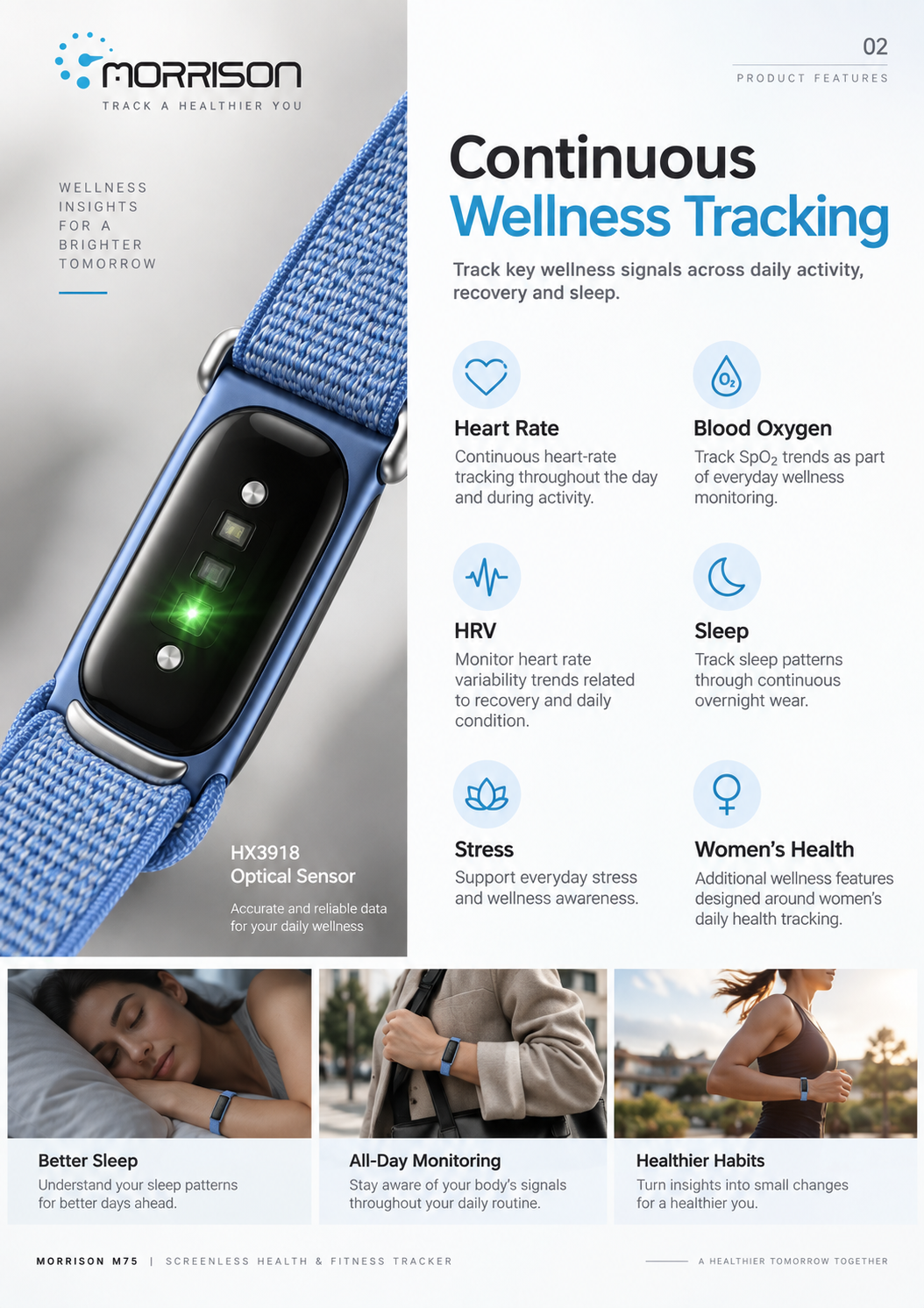 Morrison M75 Screenless Smart Fitness Tracker with 24/7 Health Monitoring, BLE 6.0 & 15-20 Day Battery