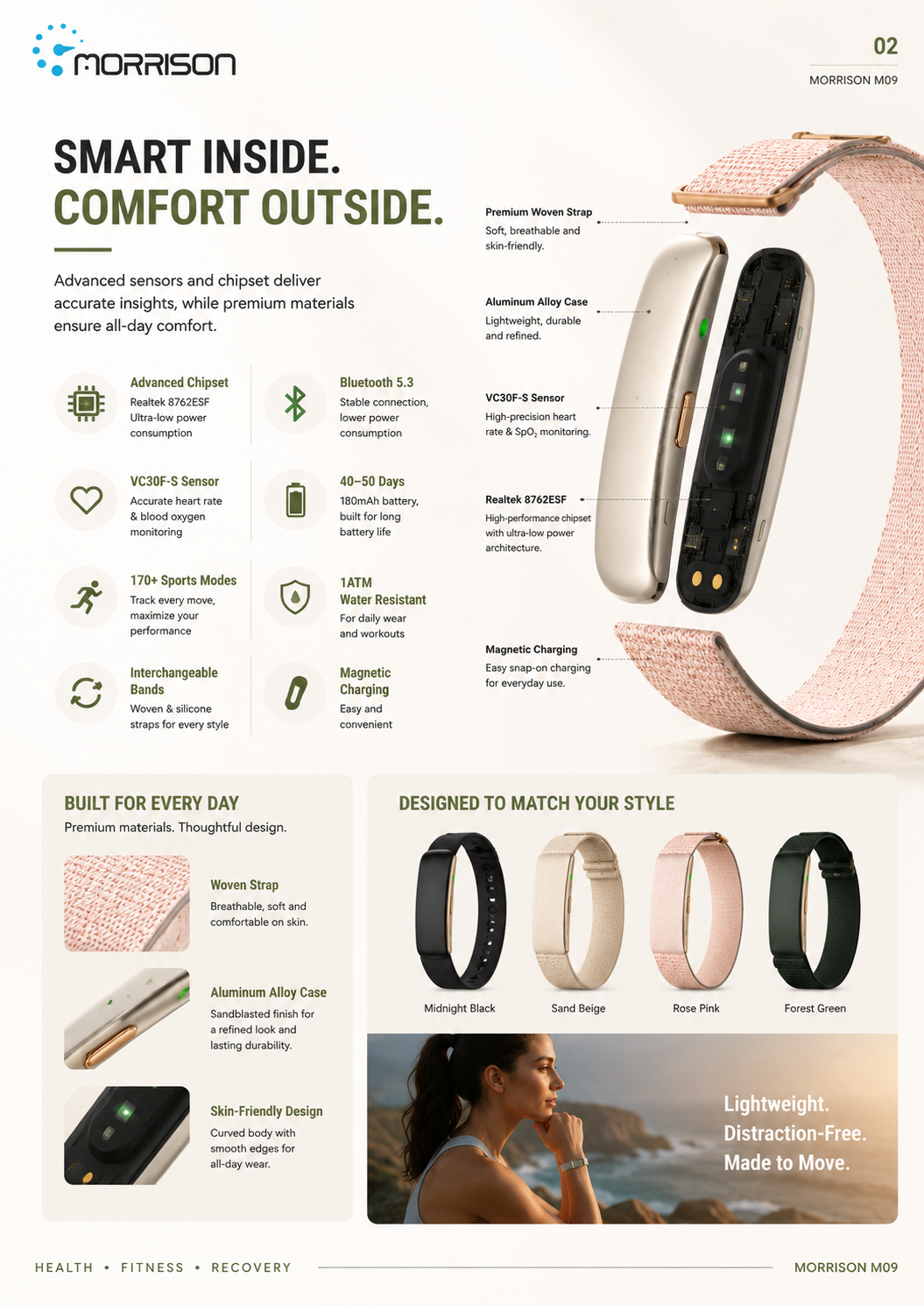 Morrison M09 Premium Screenless Fitness Tracker with 24/7 Health Monitoring, BLE 5.3, 170+ Sports Modes