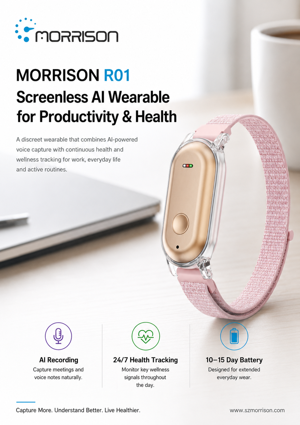 Morrison R01 Screenless AI Fitness Tracker with Voice Recording, IP68 Waterproof & 24/7 Health Monitoring