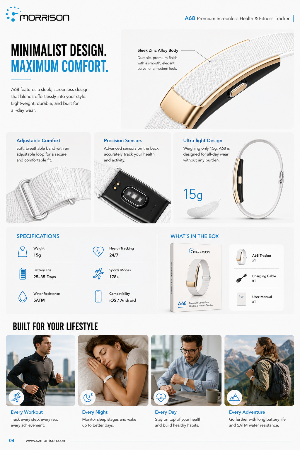 Morrison A68 24/7 Health Monitoring Screenless Fitness Tracker with BLE 5.3, 178+ Sports Modes & 25-35 Day Battery