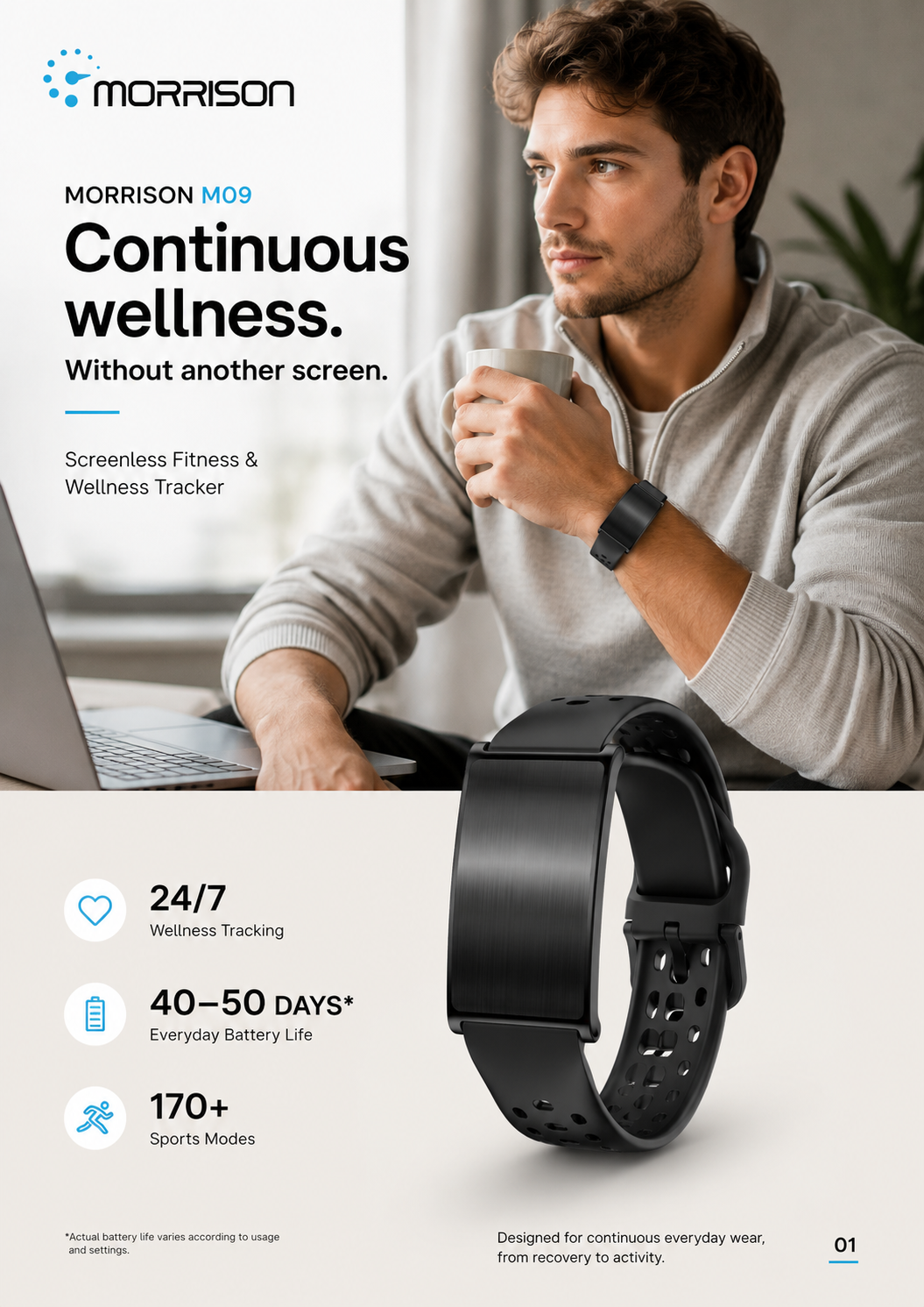 Morrison M09 24/7 Health Monitoring Screenless Fitness Tracker with BLE 5.3, 170+ Sports Modes & 40–50 Day Battery