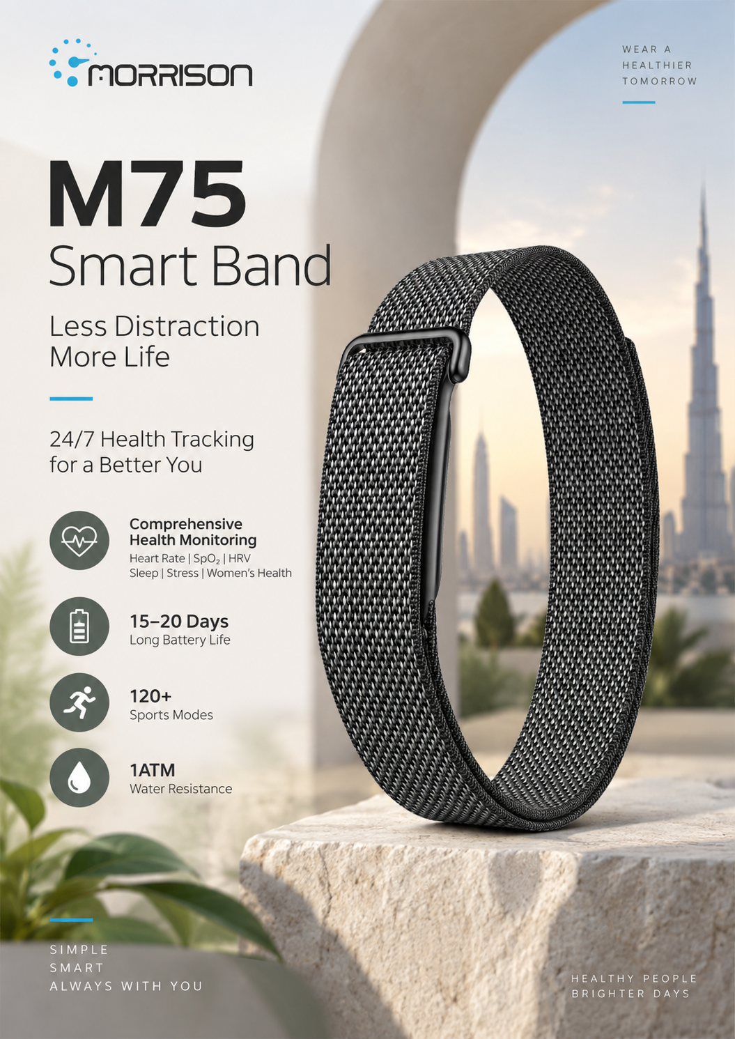 Morrison M75 Screenless Fitness Tracker with 24/7 Health Monitoring, BLE 6.0 & 15-20 Day Battery