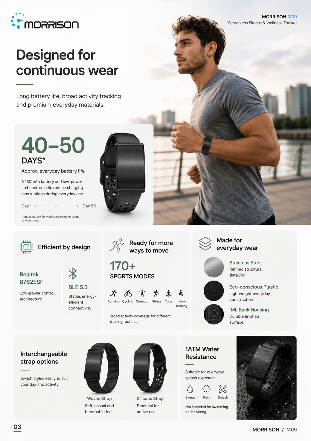 Morrison M09 24/7 Health Monitoring Screenless Fitness Tracker with BLE 5.3, 170+ Sports Modes & 40–50 Day Battery