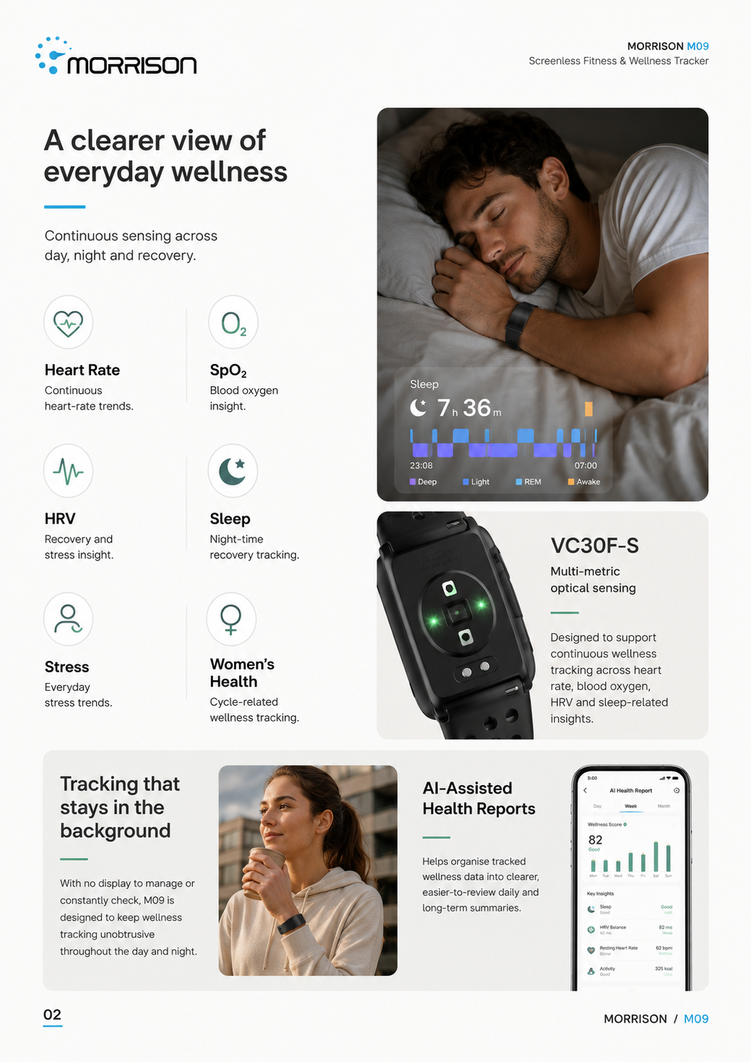 Morrison M09 24/7 Health Monitoring Screenless Fitness Tracker with BLE 5.3, 170+ Sports Modes & 40–50 Day Battery