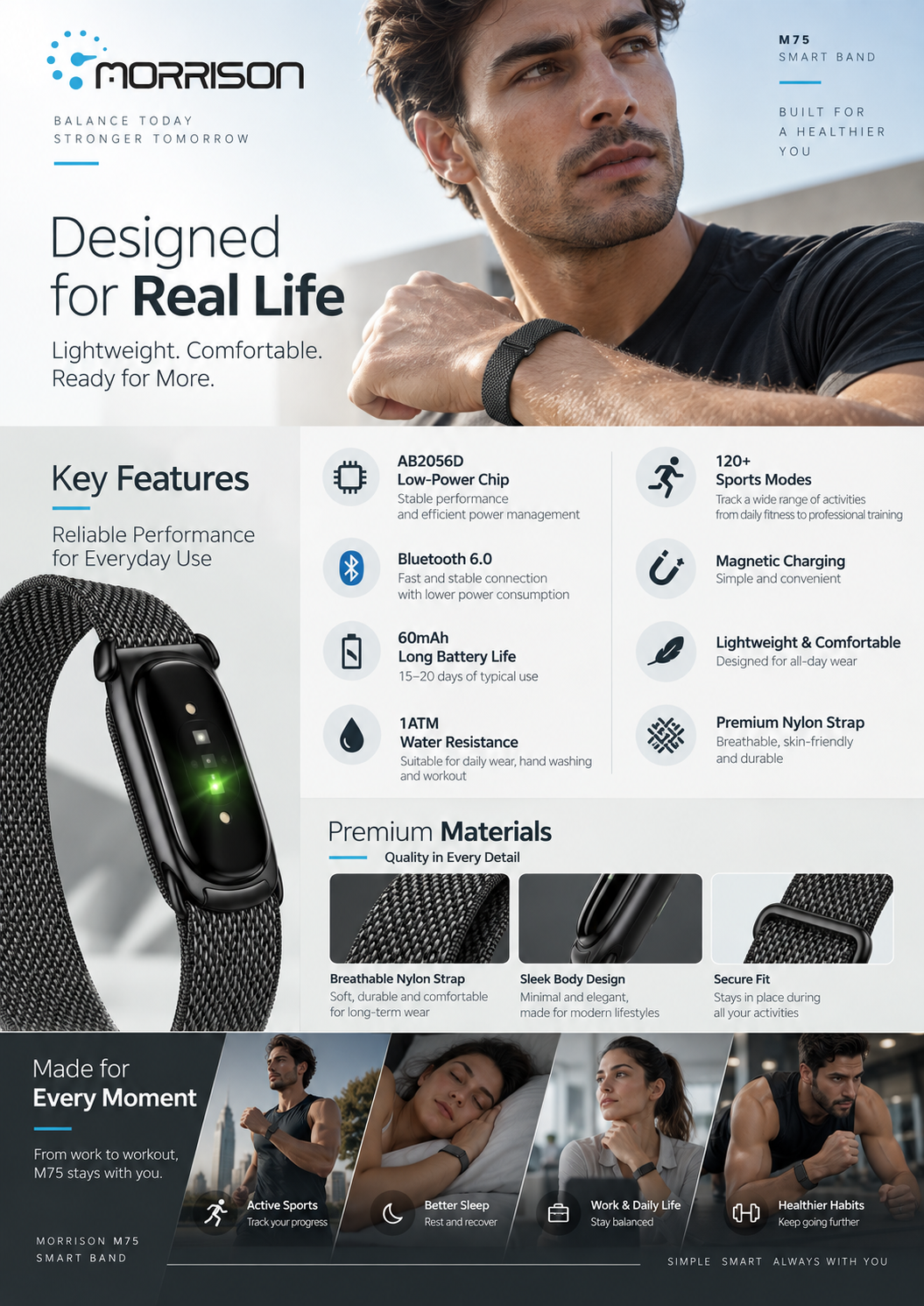 Morrison M75 Screenless Fitness Tracker with 24/7 Health Monitoring, BLE 6.0 & 15-20 Day Battery