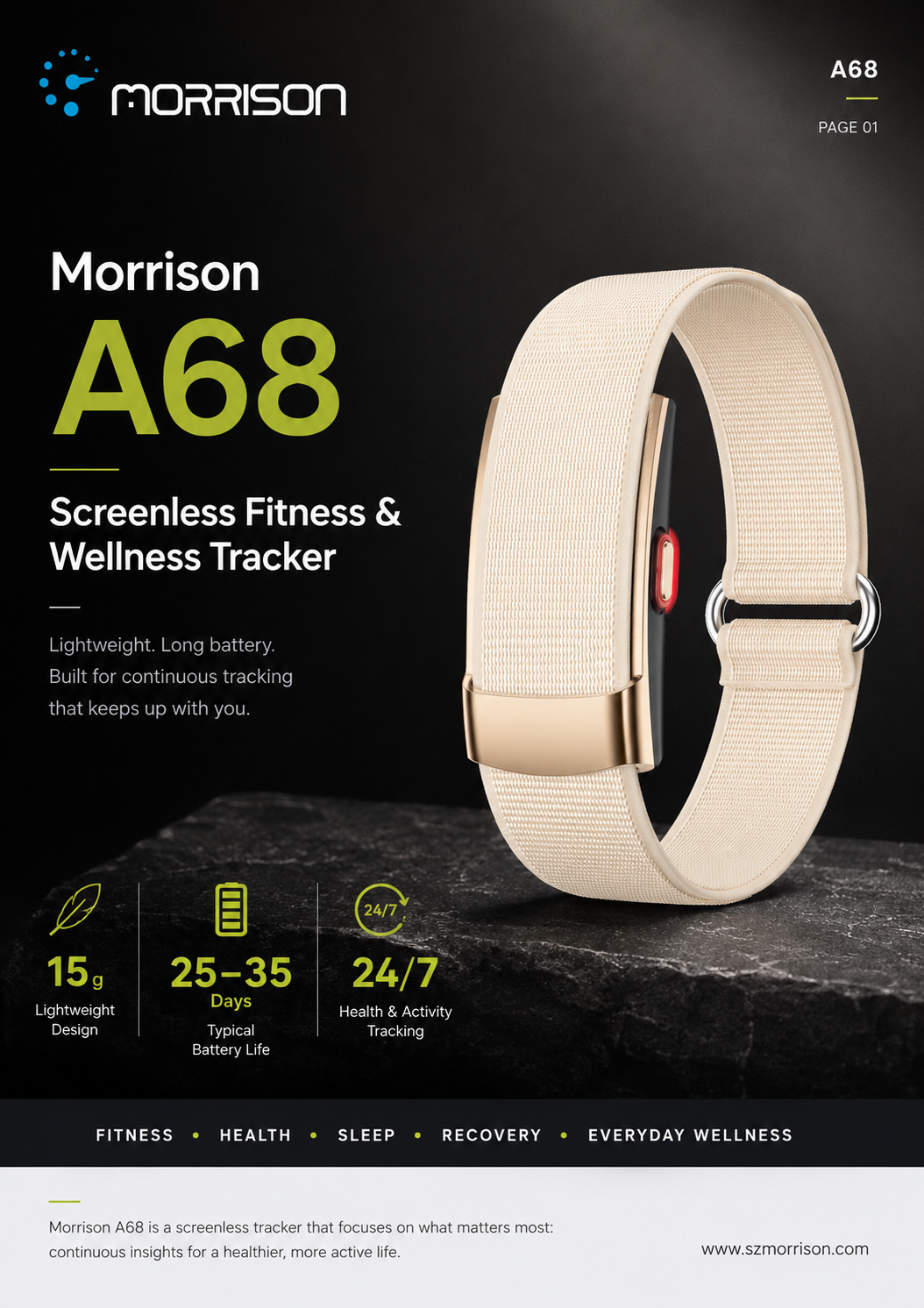 Morrison A68 Premium Screenless Fitness Tracker – 24/7 Heart Rate, SpO2, HRV, Sleep & Stress Monitoring, BLE 5.3, 178+ Sports Modes