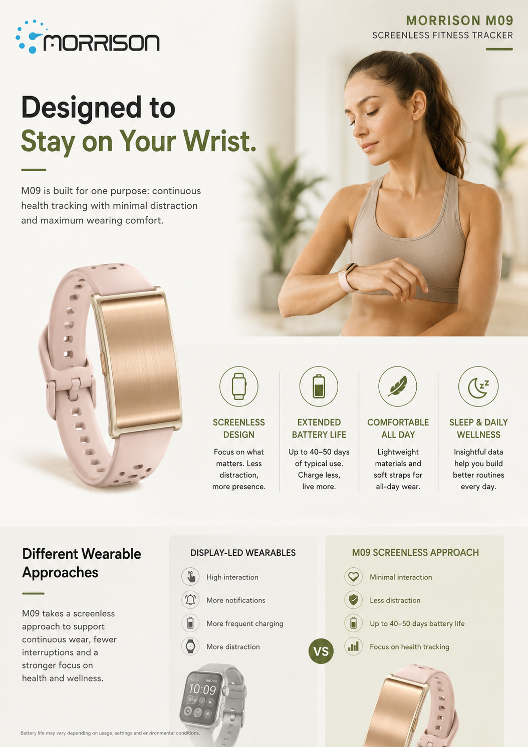 Morrison M09 Screenless Fitness Tracker with 24/7 Health Monitoring, BLE 5.3 & 40-50 Day Battery