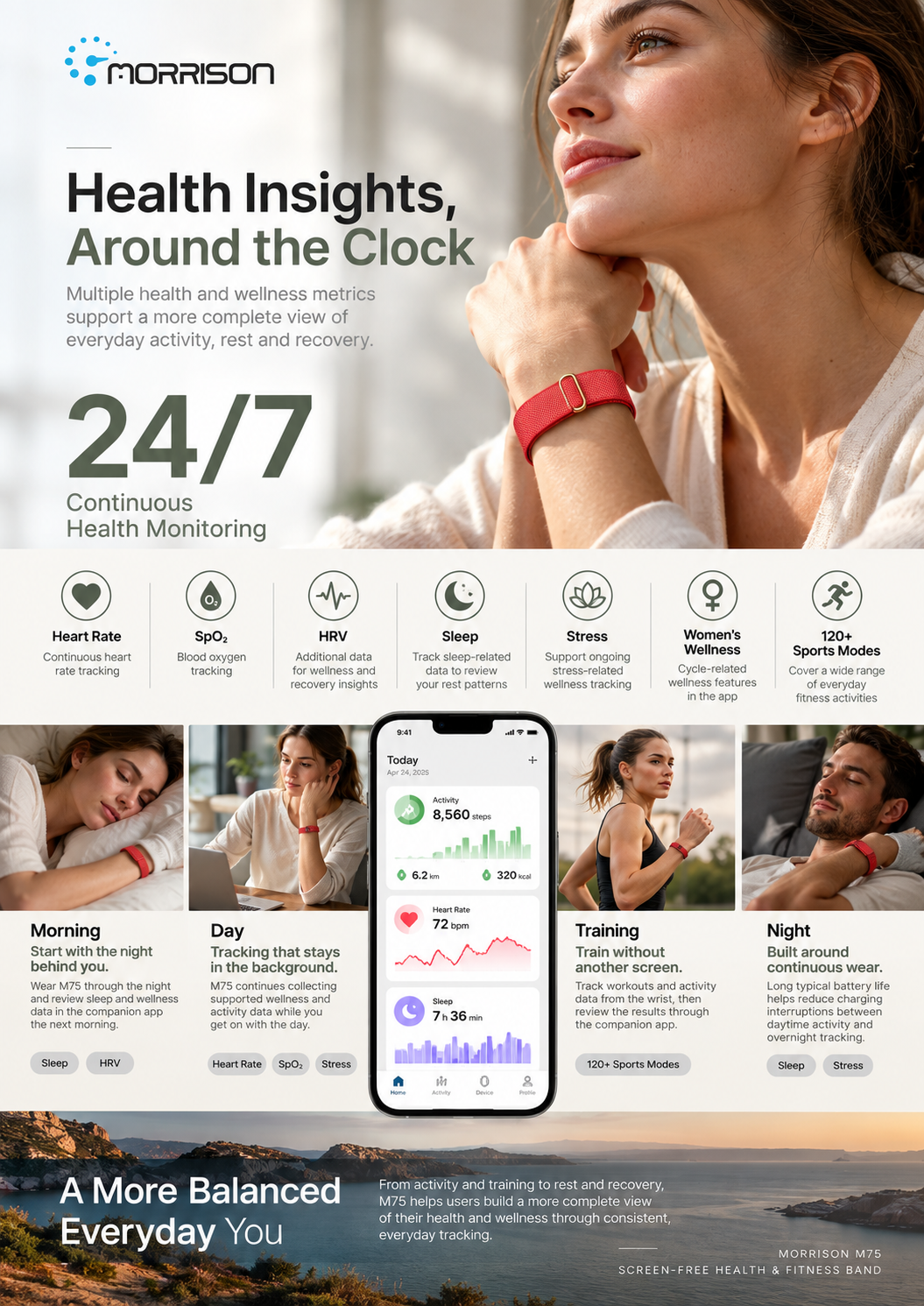 Morrison M75 IP68 Waterproof 24/7 Health Monitoring Screenless Fitness Tracker with BLE 6.0