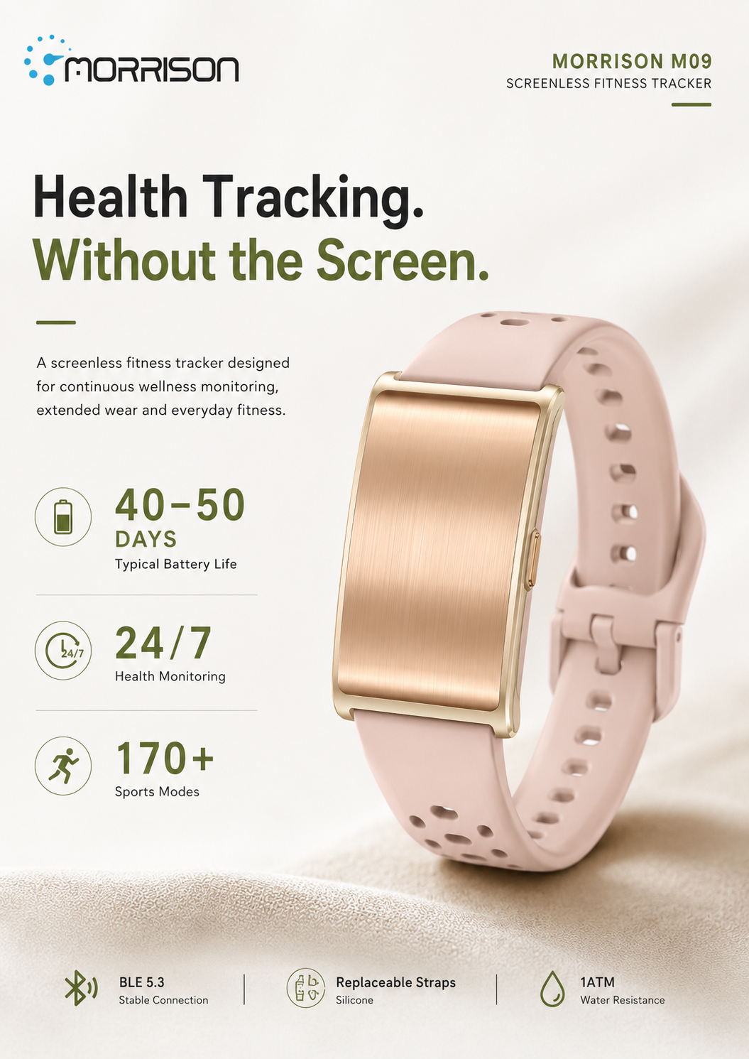 Morrison M09 Screenless Fitness Tracker with 24/7 Health Monitoring, BLE 5.3 & 40-50 Day Battery