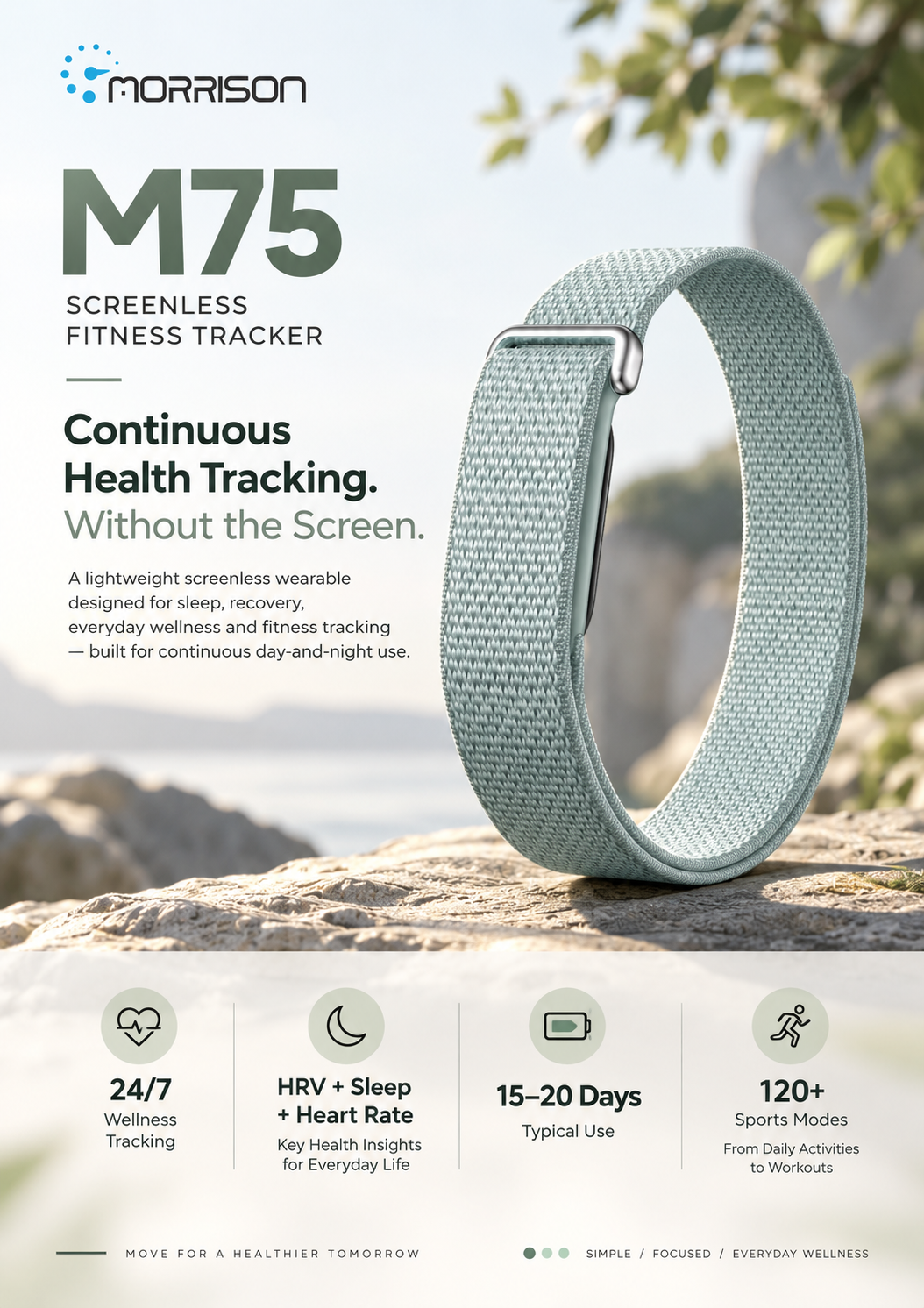 Morrison M75 Screenless Fitness Tracker with 24/7 Health Monitoring, BLE 6.0 & 15-20 Day Battery