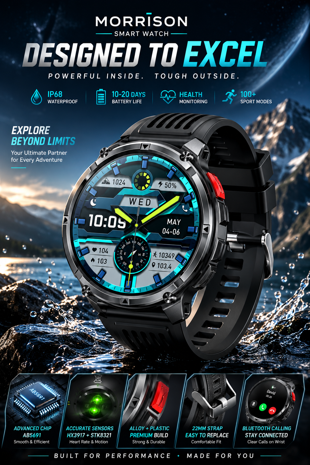 Morrison IP68 Elegant Luxury Smart Watch 1.7'' HD IPS Bluetooth Call Fitness Tracker