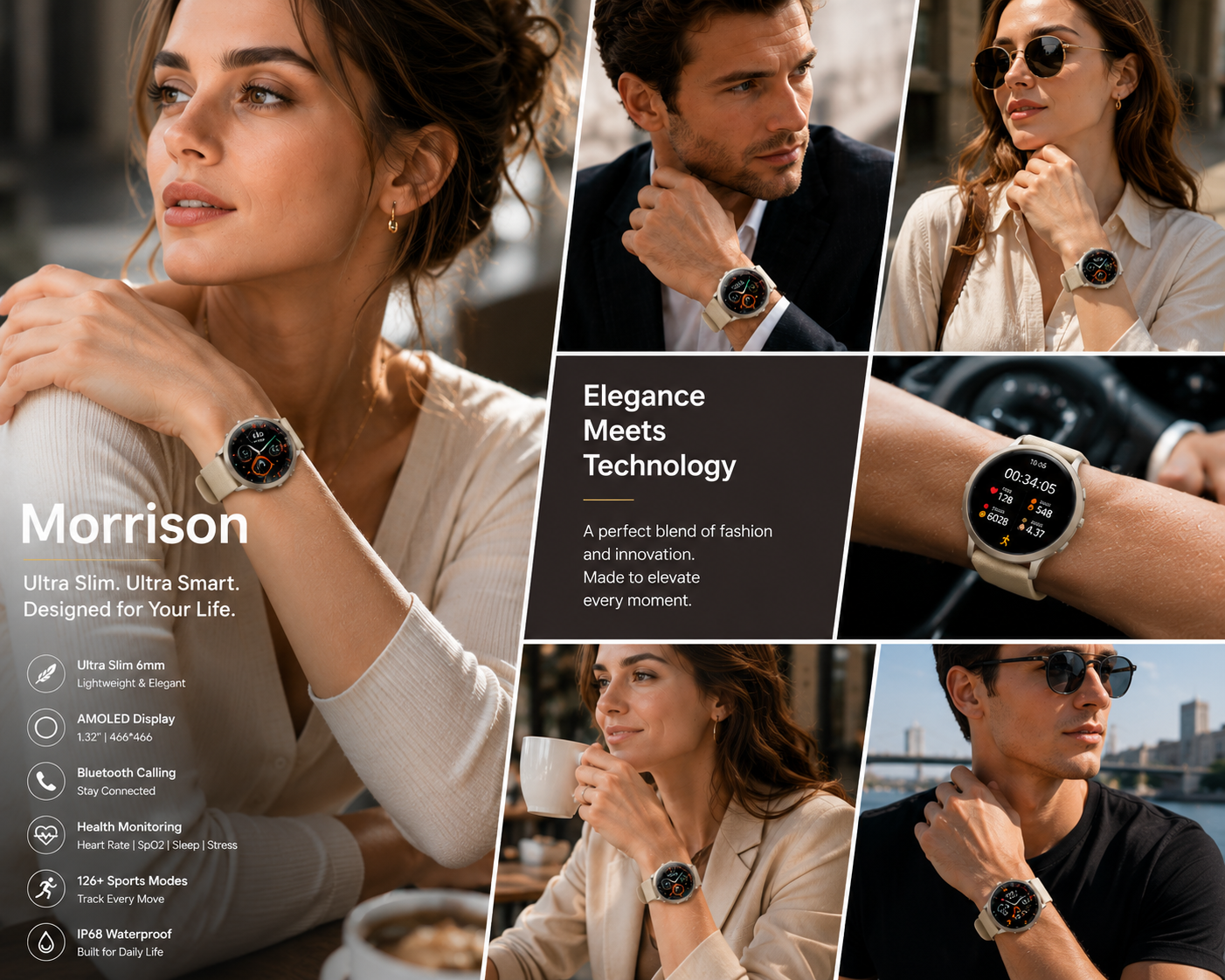 Morrison IP68 Elegant Luxury Smart Watch 1.32'' AMOLED Bluetooth Call Fitness Tracker