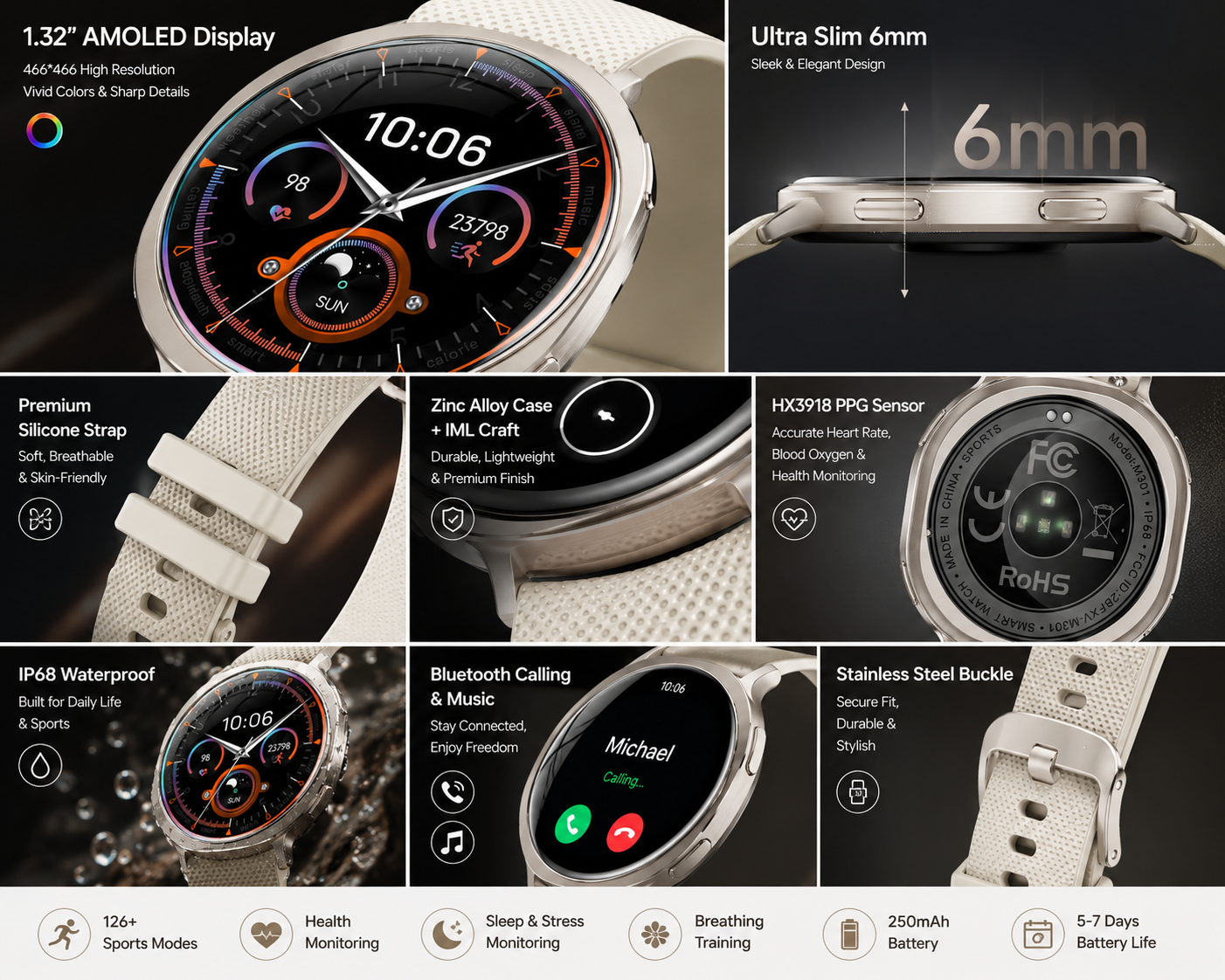 Morrison IP68 Elegant Luxury Smart Watch 1.32'' AMOLED Bluetooth Call Fitness Tracker