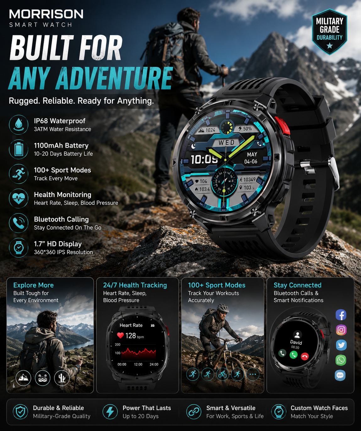 Morrison IP68 Elegant Luxury Smart Watch 1.7'' HD IPS Bluetooth Call Fitness Tracker