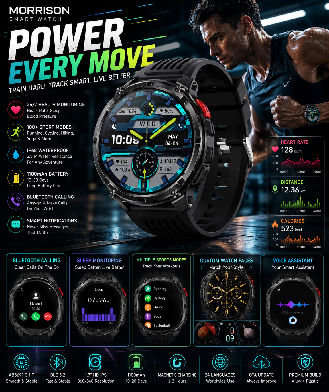 Morrison IP68 Elegant Luxury Smart Watch 1.7'' HD IPS Bluetooth Call Fitness Tracker