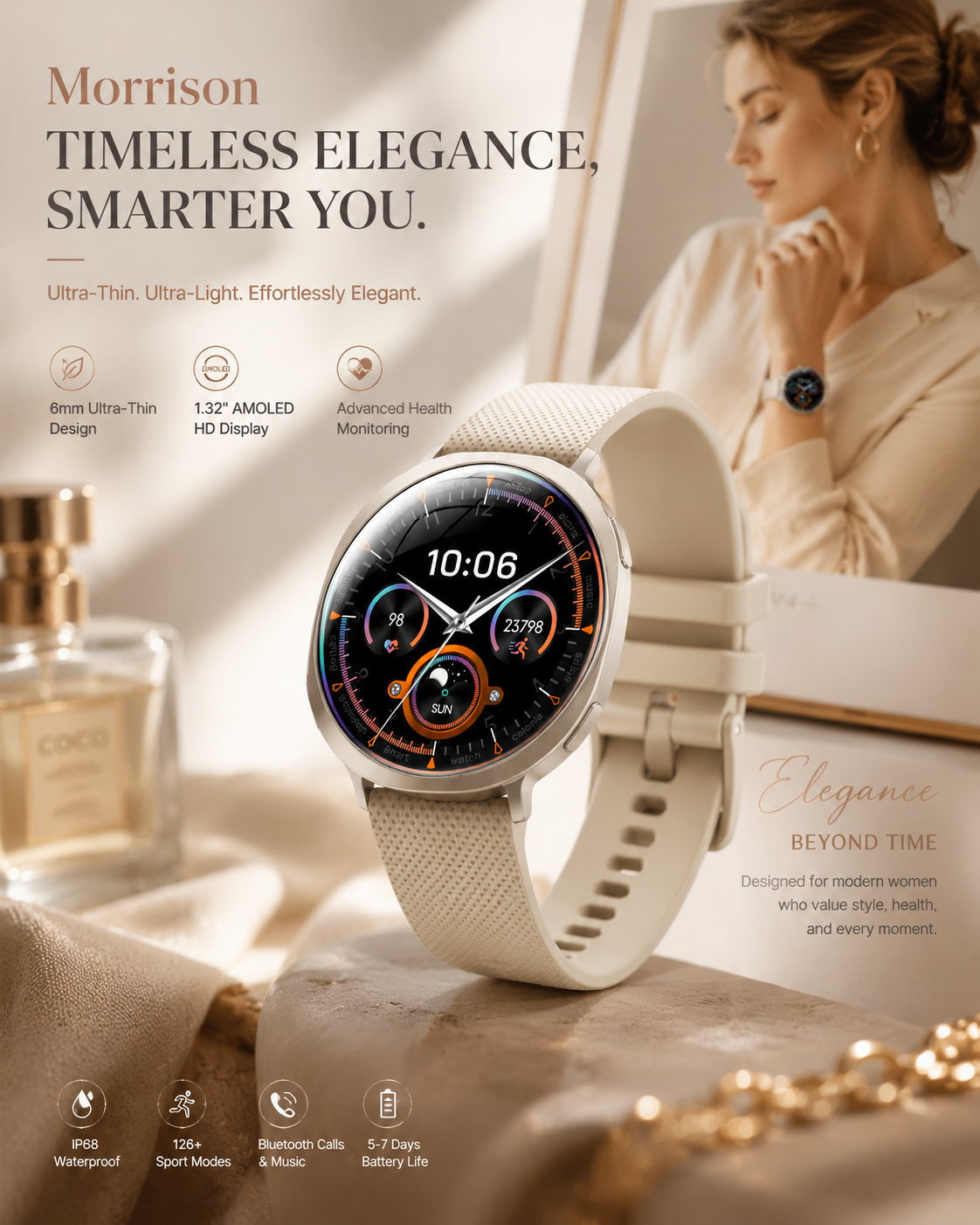 Morrison IP68 Elegant Luxury Smart Watch 1.32'' AMOLED Bluetooth Call Fitness Watch