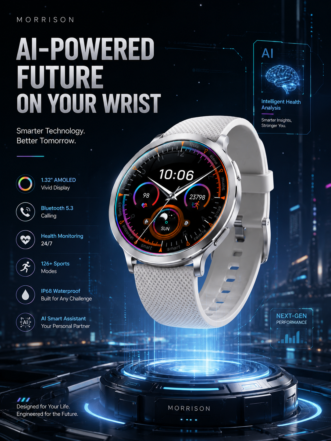 Morrison IP68 Elegant Luxury Smart Watch 1.32'' AMOLED Bluetooth Call Fitness Tracker