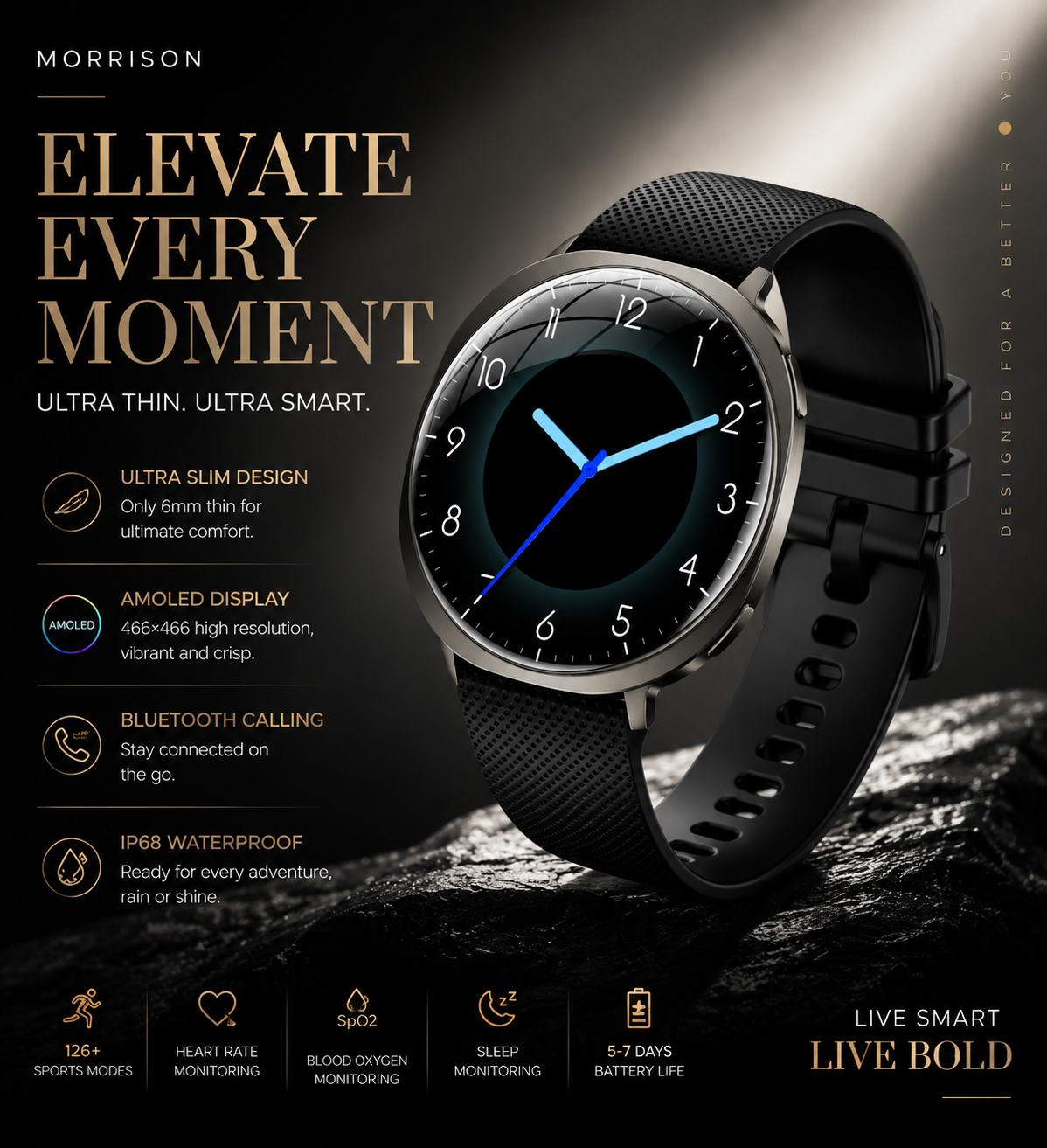 Morrison IP68 Elegant Luxury Smart Watch 1.32'' AMOLED Ultra Thin Bluetooth Call Fitness Watch